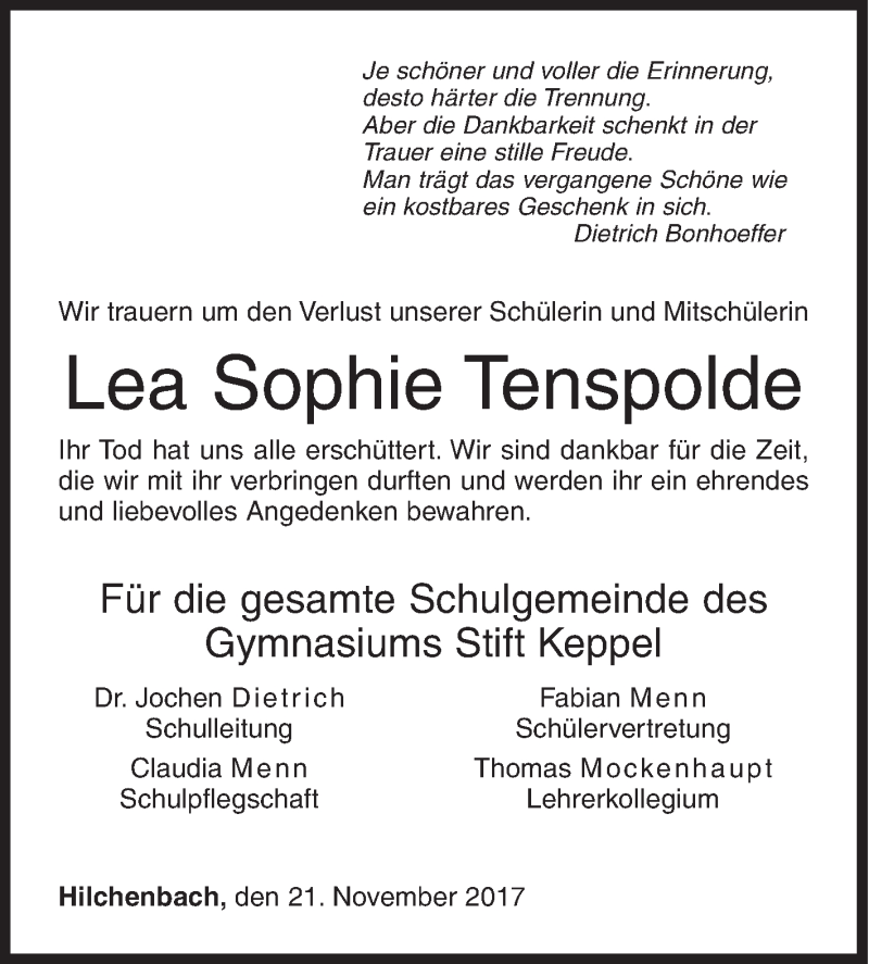  Traueranzeige für Lea Sophie Tenspolde vom 21.11.2017 aus Siegener Zeitung