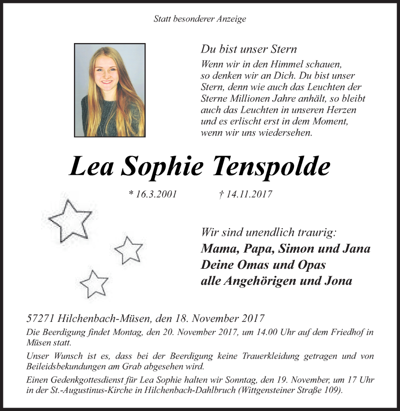  Traueranzeige für Lea Sophie Tenspolde vom 18.11.2017 aus Siegener Zeitung