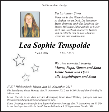 Traueranzeige von Lea Sophie Tenspolde von Siegener Zeitung