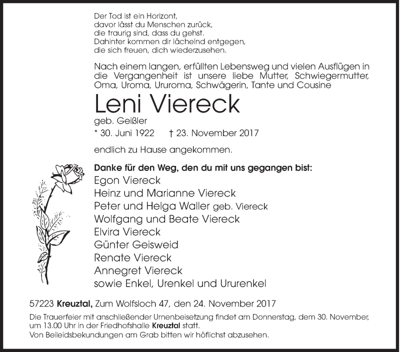  Traueranzeige für Leni Viereck vom 24.11.2017 aus Siegener Zeitung