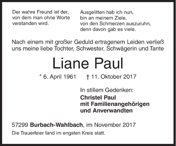 Traueranzeige von Liane Paul von Siegener Zeitung