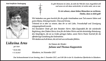 Traueranzeige von Lidwina Arns von Siegener Zeitung