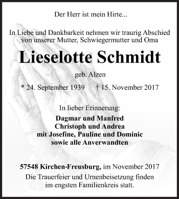 Traueranzeige von Lieselotte Schmidt von Siegener Zeitung