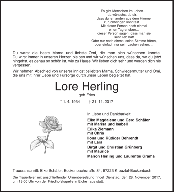 Traueranzeige von Lore Herling von Siegener Zeitung