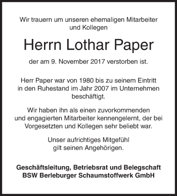 Traueranzeige von Lothar Paper von Siegener Zeitung