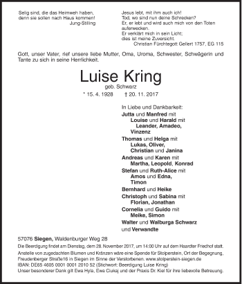 Traueranzeige von Luise Kring von Siegener Zeitung