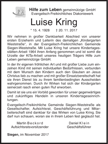 Traueranzeige von Luise Kring von Siegener Zeitung