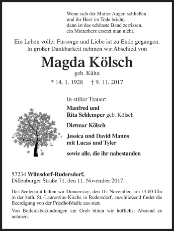 Traueranzeige von Magda Kölsch von Siegener Zeitung