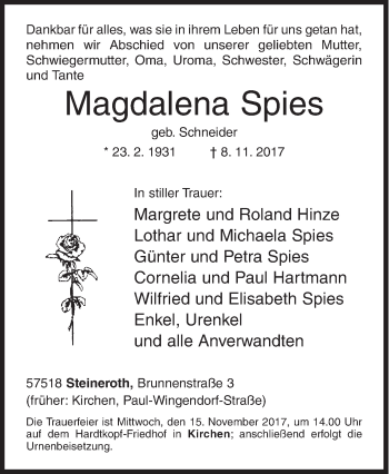 Traueranzeige von Magdalena Spies von Siegener Zeitung