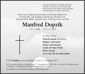 Traueranzeige von Manfred Dopzik von Siegener Zeitung