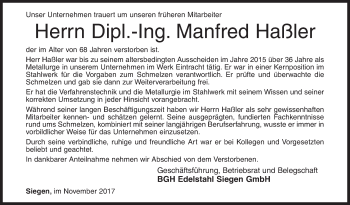 Traueranzeige von Manfred Haßler von Siegener Zeitung