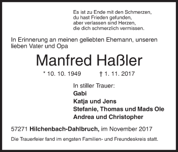 Traueranzeige von Manfred Haßler von Siegener Zeitung