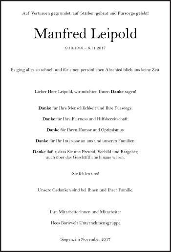 Traueranzeige von Manfred Leipold von Siegener Zeitung
