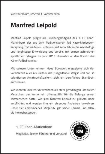 Traueranzeige von Manfred Leipold von Siegener Zeitung