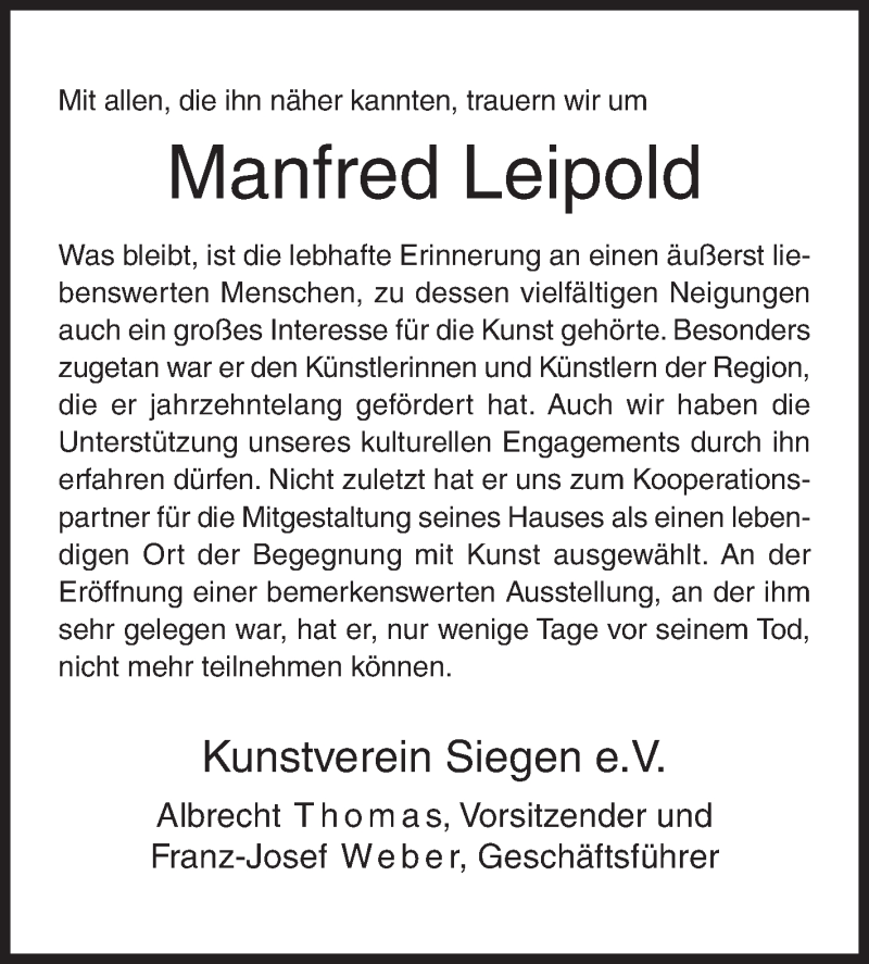  Traueranzeige für Manfred Leipold vom 09.11.2017 aus Siegener Zeitung