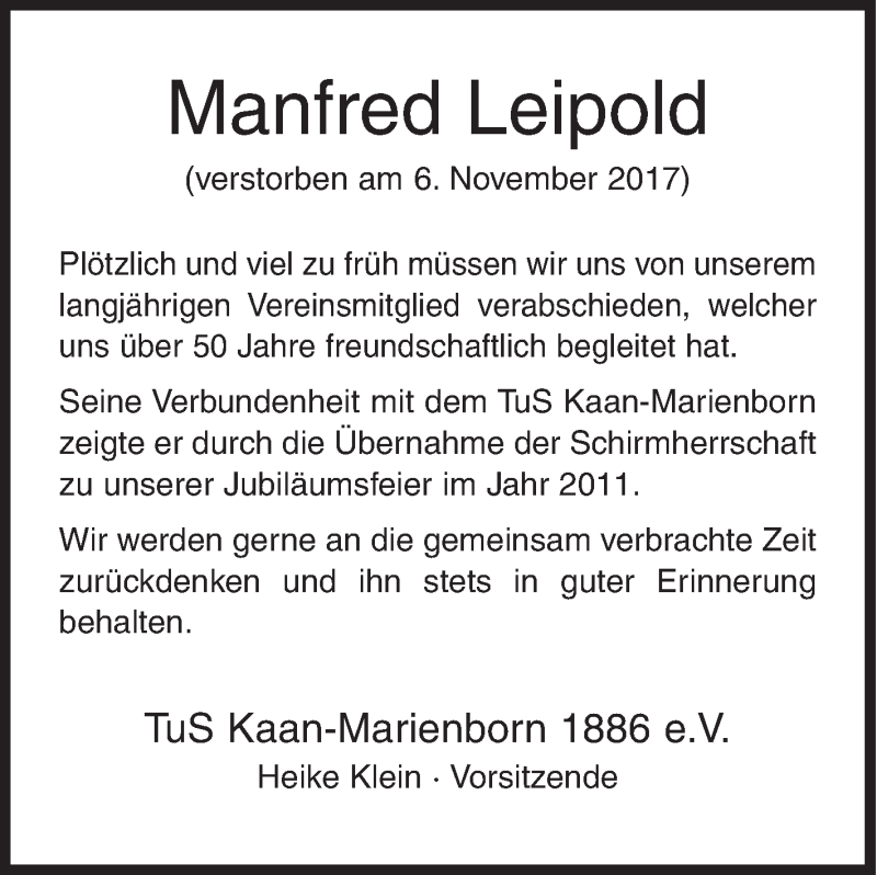  Traueranzeige für Manfred Leipold vom 09.11.2017 aus Siegener Zeitung