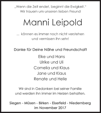 Traueranzeige von Manfred Leipold von Siegener Zeitung