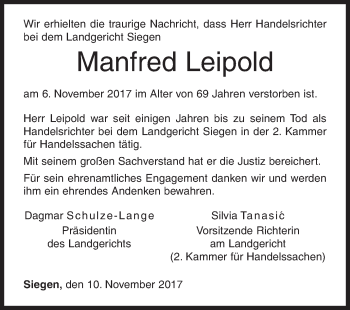 Traueranzeige von Manfred Leipold von Siegener Zeitung