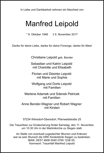 Traueranzeige von Manfred Leipold von Siegener Zeitung