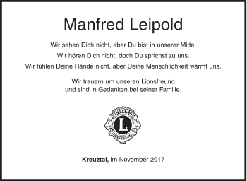 Traueranzeige von Manfred Leipold von Siegener Zeitung