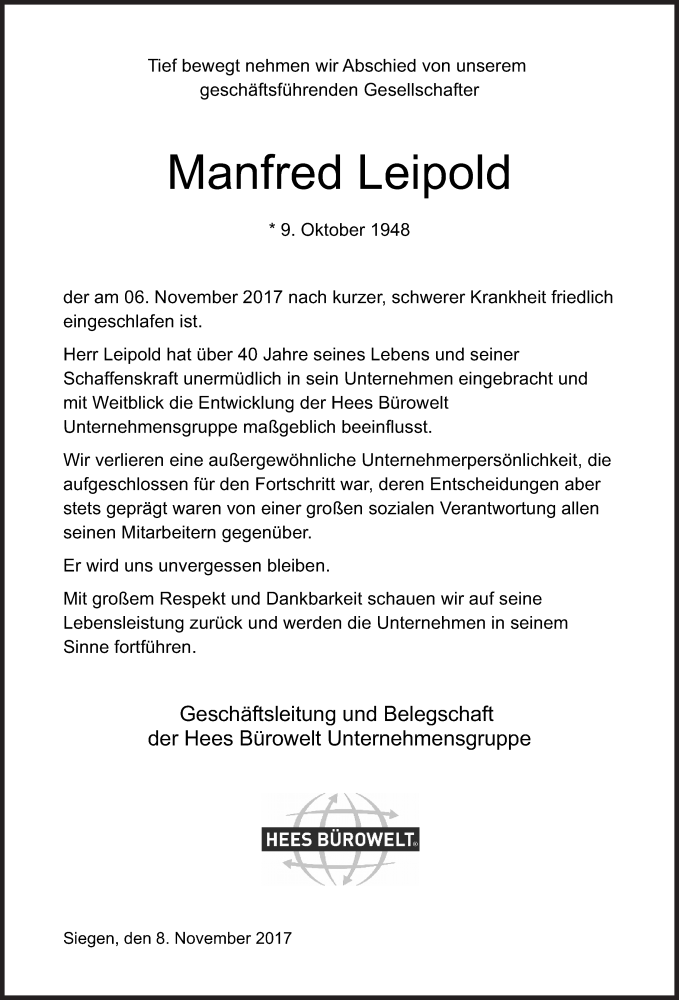 Traueranzeige für Manfred Leipold vom 08.11.2017 aus Siegener Zeitung