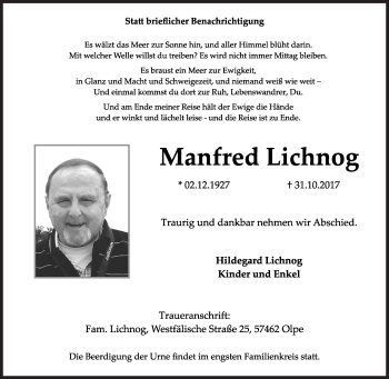 Traueranzeige von Manfred Lichnog von Siegener Zeitung
