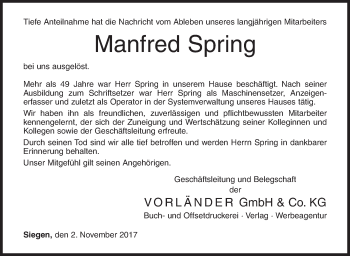 Traueranzeige von Manfred Spring von Siegener Zeitung