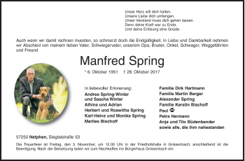 Traueranzeige von Manfred Spring von Siegener Zeitung