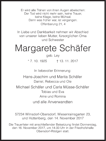 Traueranzeige von Margarete Schäfer von Siegener Zeitung