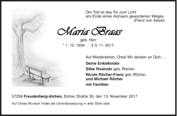 Traueranzeige von Maria Braas von Siegener Zeitung