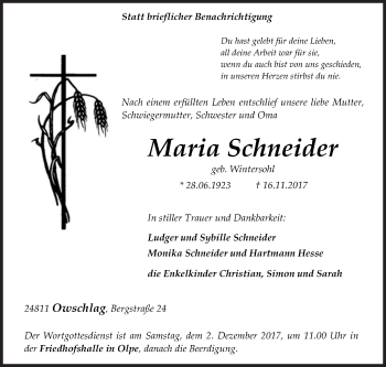 Traueranzeige von Maria Schneider von Siegener Zeitung