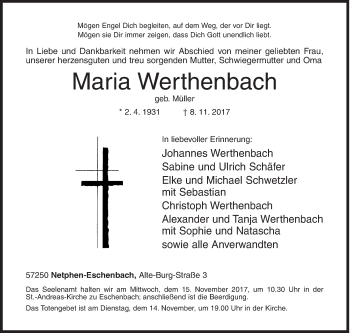 Traueranzeige von Maria Werthenbach von Siegener Zeitung