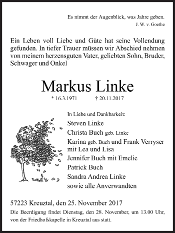 Traueranzeige von Markus Linke von Siegener Zeitung