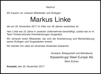 Traueranzeige von Markus Linke von Siegener Zeitung