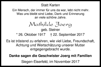 Traueranzeige von Mathilde Joerg von Siegener Zeitung