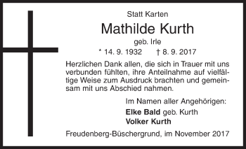Traueranzeige von Mathilde Kurth von Siegener Zeitung