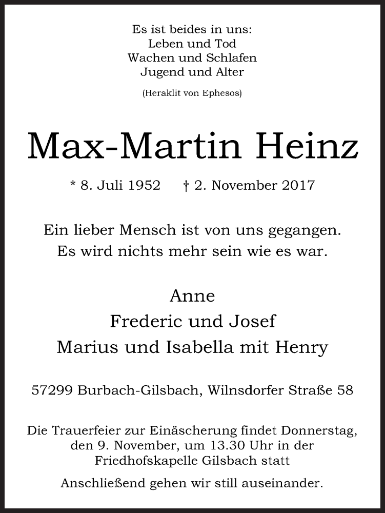  Traueranzeige für Max-Martin Heinz vom 06.11.2017 aus Siegener Zeitung