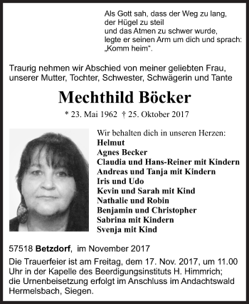 Traueranzeige von Mechthild Böcker von Siegener Zeitung