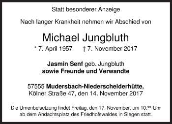 Traueranzeige von Michael Jungbluth von Siegener Zeitung