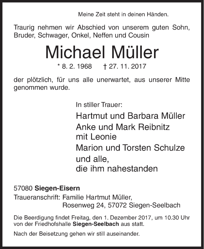  Traueranzeige für Michael Müller vom 29.11.2017 aus Siegener Zeitung