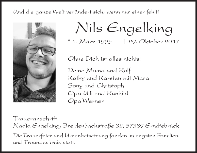  Traueranzeige für Nils Engelking vom 04.11.2017 aus Siegener Zeitung