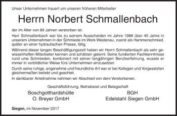 Traueranzeige von Norbert Schmallenbach von Siegener Zeitung
