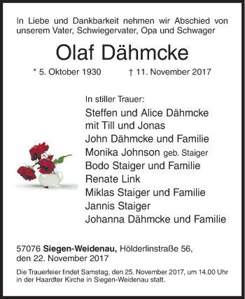 Traueranzeige von Olaf Dähmcke von Siegener Zeitung