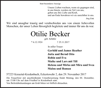 Traueranzeige von Otilie Becker von Siegener Zeitung