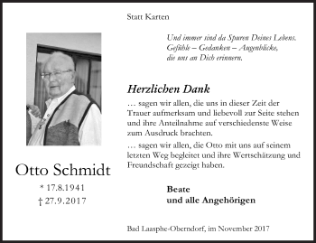 Traueranzeige von Otto Schmidt von Siegener Zeitung