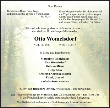 Traueranzeige von Otto Womelsdorf von Siegener Zeitung