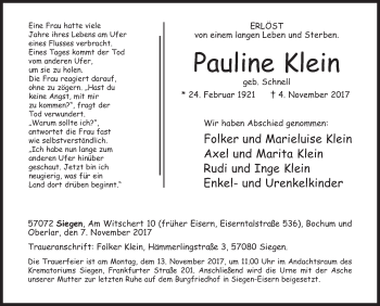 Traueranzeige von Pauline Klein von Siegener Zeitung