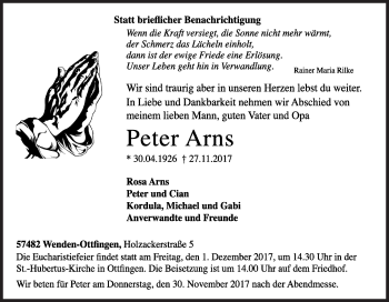 Traueranzeige von Peter Arns von Siegener Zeitung