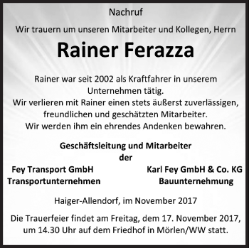 Traueranzeige von Rainer Ferazza von Siegener Zeitung