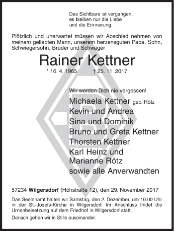 Traueranzeige von Rainer Kettner von Siegener Zeitung